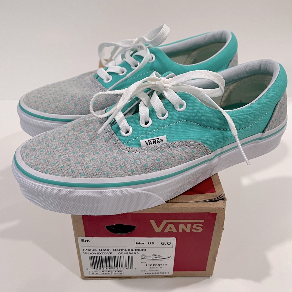 Vans Era Polka Dot Low Top Bermuda/Multi. Teal and Gray. Men’s 6 / Women’s 7.5